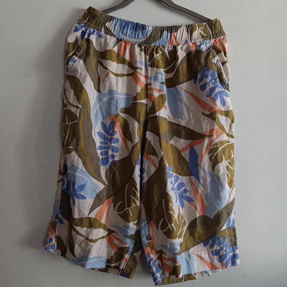 Tahari Linen Floral Cropped Pants Pockets Pull On Elastic Waist Sz M Vacation